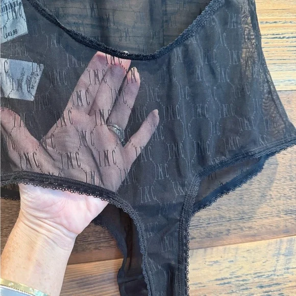 INC International Concepts Black Sheer Monogram Bodysuit - Picture 5 of 7